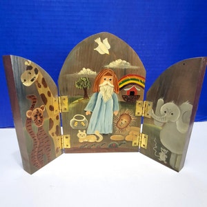 Vintage Wooden Triptych Noah&#39;s Ark Hand Painted Nursery, Baby, Baptism