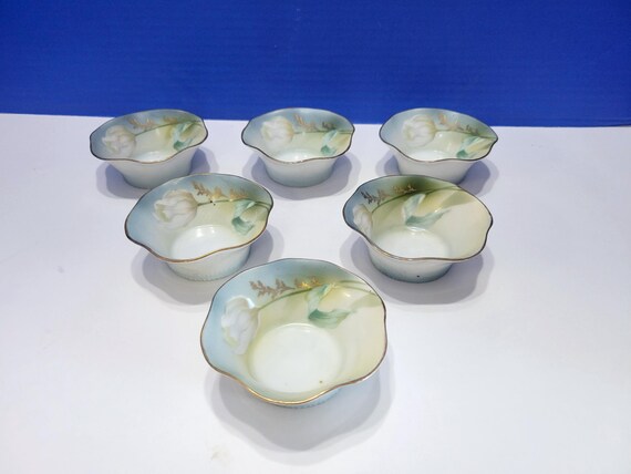 Antique RS Germany White Tulips Painted Porcelain Salt Cellars Lot of 6