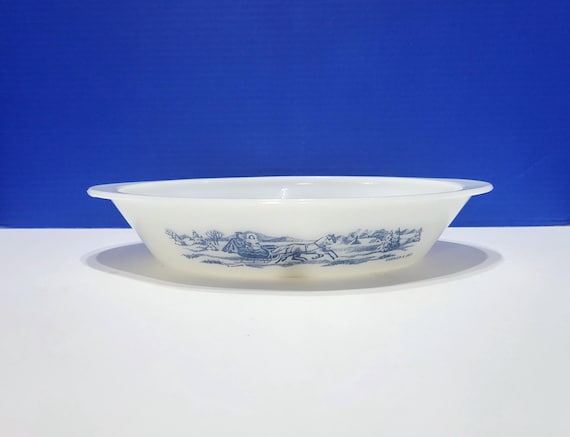 Vintage Currier and Ives Glasbake Divided Casserole Baking Dish