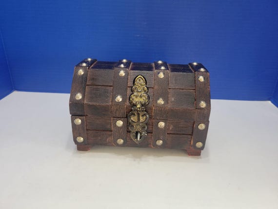 Vintage Wood Treasure Chest Jewelry Box Red Velvet Interior
