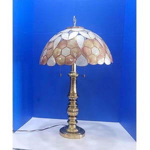 Vintage Brass Table Lamp with Capiz Shell Brown Floral Shade