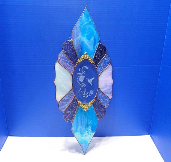 Large Vintage Oblong Blue Stained Glass Suncatcher with Etched Hummingbird