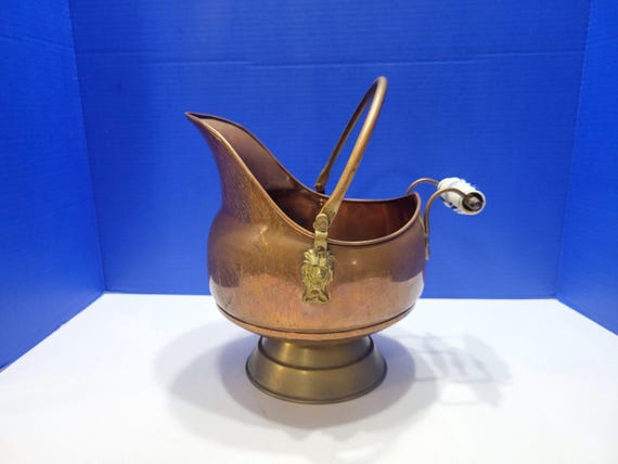 Vintage Brass Coal Scuttle Bucket with Lion Heads and Blue Porcelain Handle