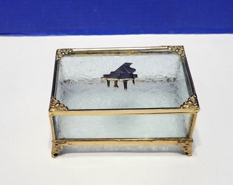 boîte à bijoux vintage en verre dépoli avec piano à queue doré sur couvercle