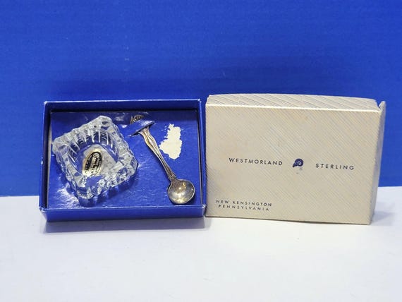 Vintage Westmoreland Crystal Salt Cellar with Miniature Sterling Silver Spoon
