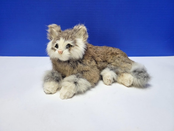 Vintage Large Fur Realistic Brown and Gray Cat Figurine