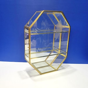 Vintage Octagon Brass and Glass Curio Cabinet Shelf Etched Bird 11 x 8
