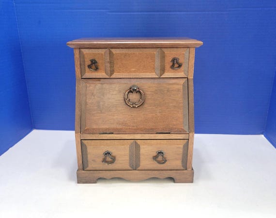 Vintage Schmid Wood Miniature Secretary Desk Jewelry Music Box