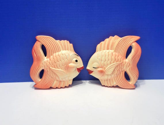 Vintage Miller Studio Orange Kissing Fish Wall Plaques