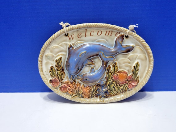 Vintage Clay Pottery Blue Dolphin Welcome Sign