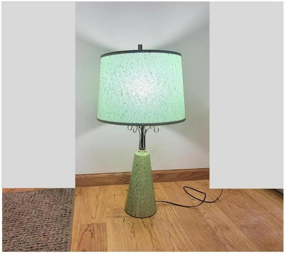 Midcentury Green Table Lamp with Gold Flecks and Fiberglass Drum Shade