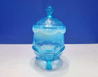 Antique Blue Opalescent Glass Cracker Jar Model Flint Manila Pattern