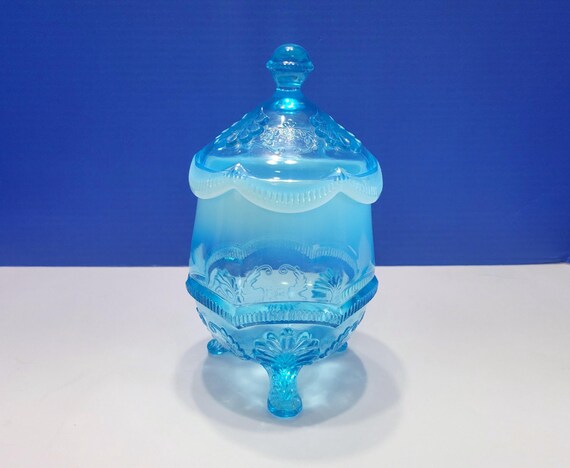 Antique Blue Opalescent Glass Cracker Jar Model Flint Pattern