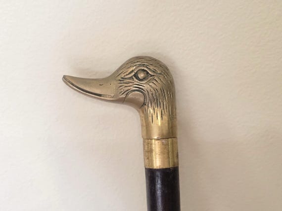 Vintage Brass Mallard Duck Cane Wood Walking Stick