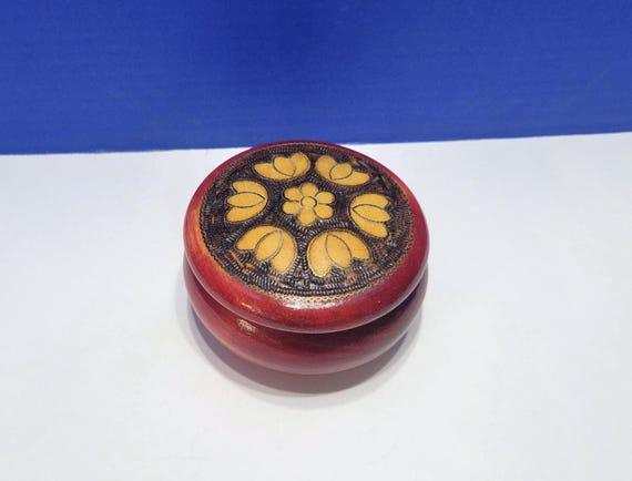 Vintage Red Round Wood Carved Trinket Box Made in Poland