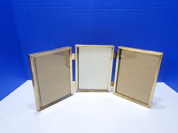 Vintage Trifold Brass Picture Frame with 3 Panels 6.5 x 4.5