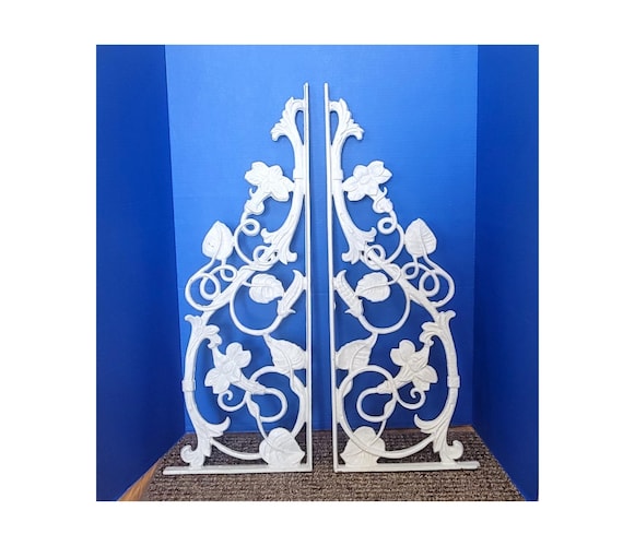 Antique White Painted Cast Iron Large Floral Wall Brackets (No Holes) 29 x 10.75