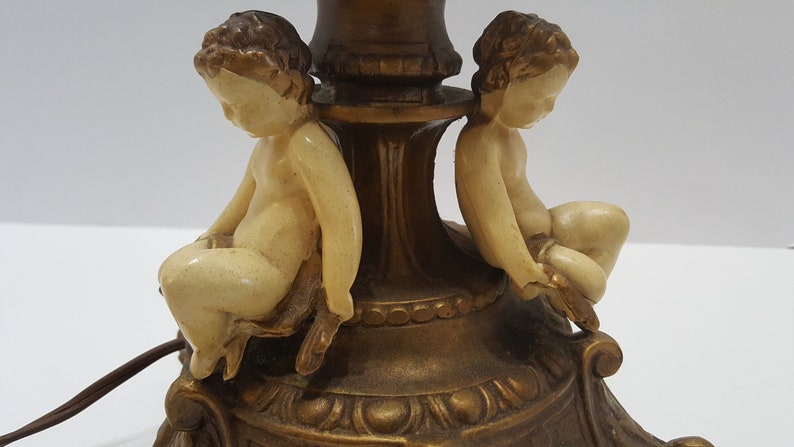 Vintage Cherub Angel Gold Gilt Bronze Table Lamp