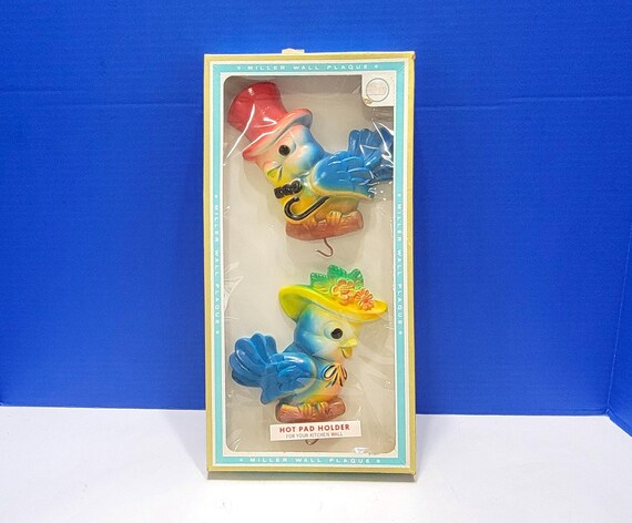 Vintage Miller Studios Blue Bird Wall Plaque Hooks in Original Box