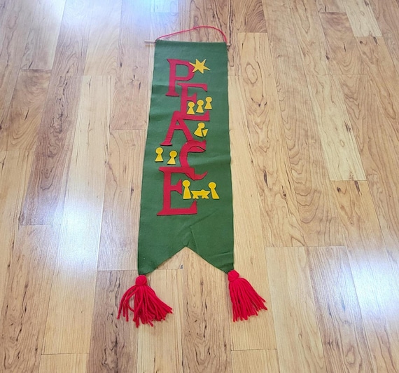 Vintage Peace Green Felt Banner with Red Tassels