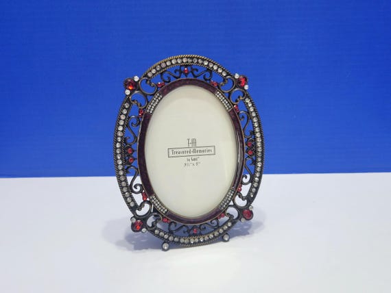 Vintage Oval Enamel Standing Picture Frame with Sparkly Rhinestones 3.5 x 5