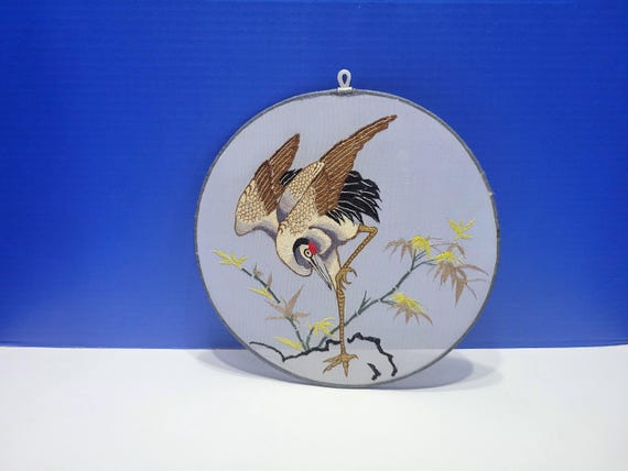 Vintage Asian Silk Embroidery Crane Bird Wall Hanging