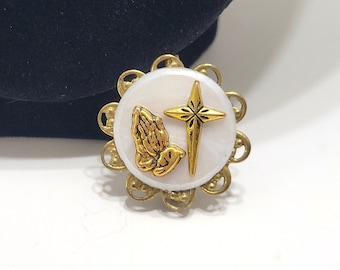 Vintage Praying Hands and Cross Brooch White and Gold Filigree