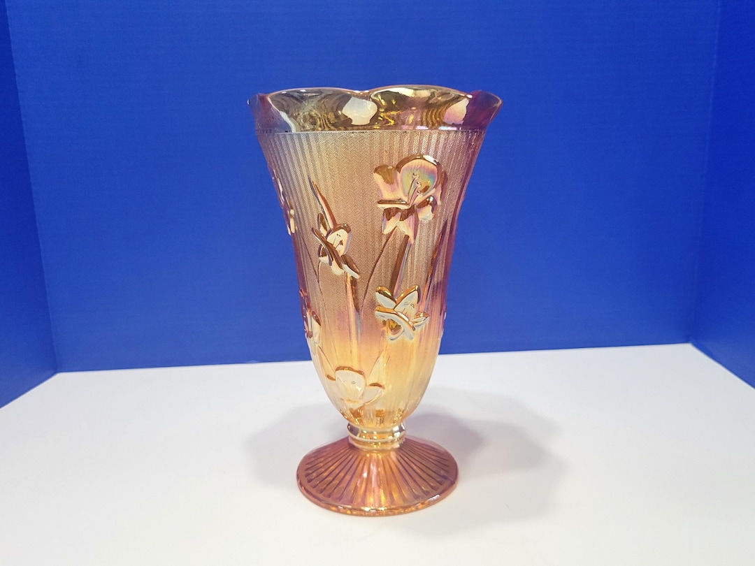 Vintage Orange Carnival Glass Vase Iris and Herringbone - Etsy