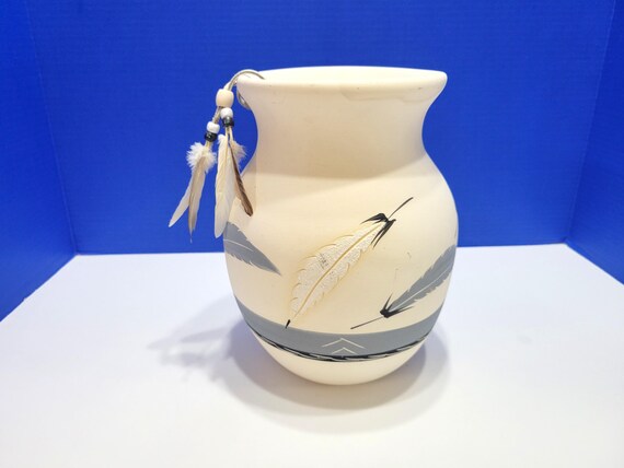 Vintage Little Gray Pottery Vase with Feathers