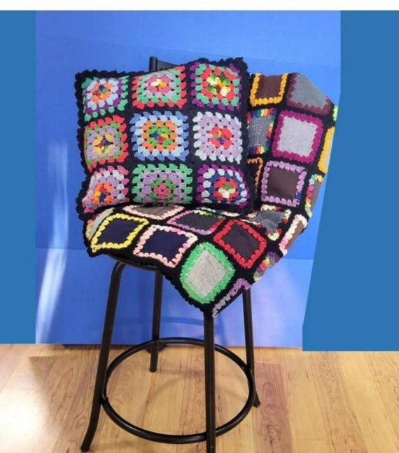 Vintage Black Granny Square Small Throw and Matching Pillow