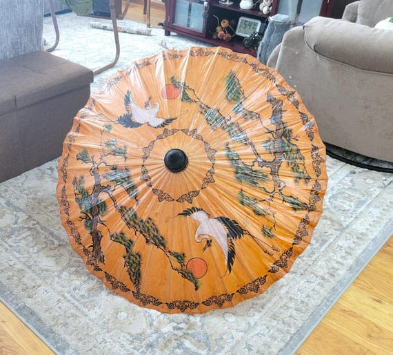 Vintage Asian Oil Paper Umbrella Parasol with White Birds