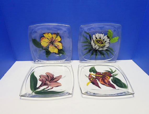 Vintage Hazel Atlas Floral Painted Tropical Flower Luncheon Glass Plates