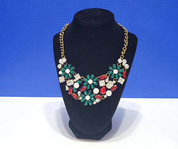 Vintage Crystal Rhinestone Holiday Christmas Necklace in Red, White, and Green