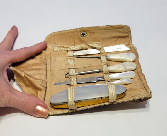 Antique Manicure Grooming Kit with Mother of Pearl Handles