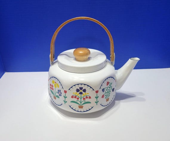 Vintage Hilmark Porcelain Enamel Bright Flower Tea Pot