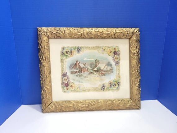 Antique Large Ornate Gold Gilt Wood Frame with Pansy Picture