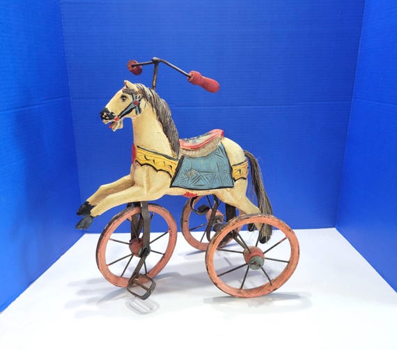Vintage Wood Painted Carousel Horse Trike for Doll or Display