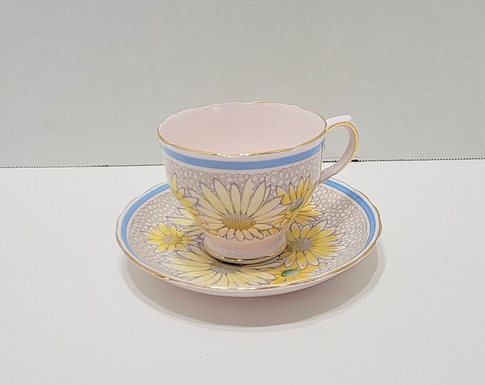 Vintage Tuscan Bone China Tea Cup and Saucer Pink With Yellow Daisy