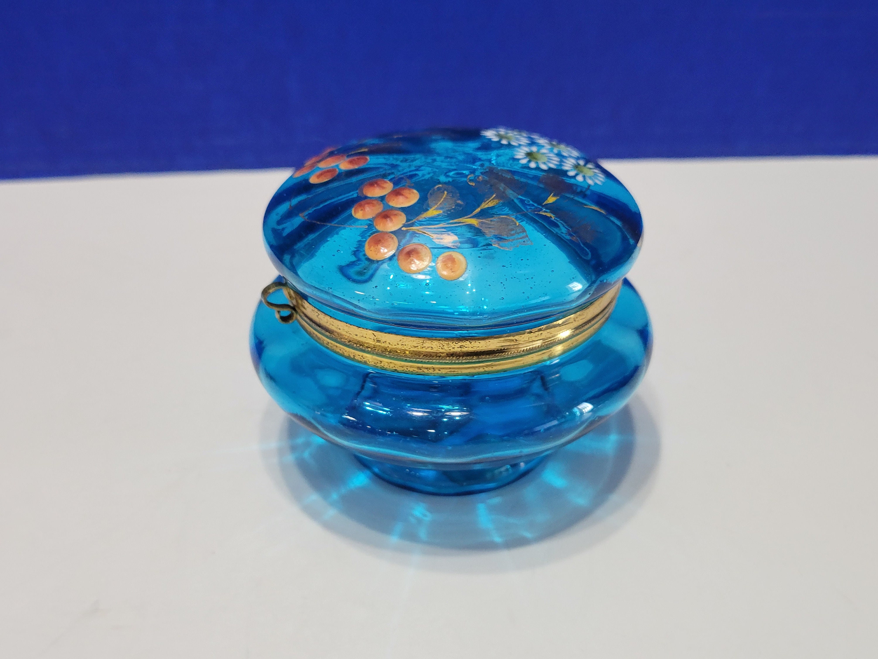 Antique Cobalt Blue Jewelry Box Depression Glass Floral Hinge Box