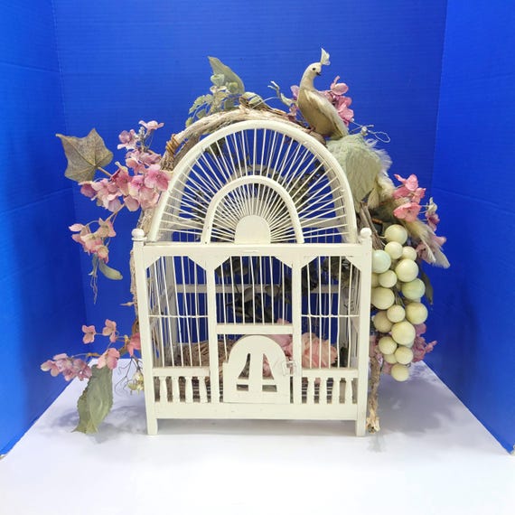 Vintage Large White Wood Bird Cage Covered in Florals and Peacock
