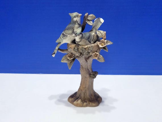 Vintage Blue Jays in Tree Ceramic Bird Figurine Andrea by Sadek