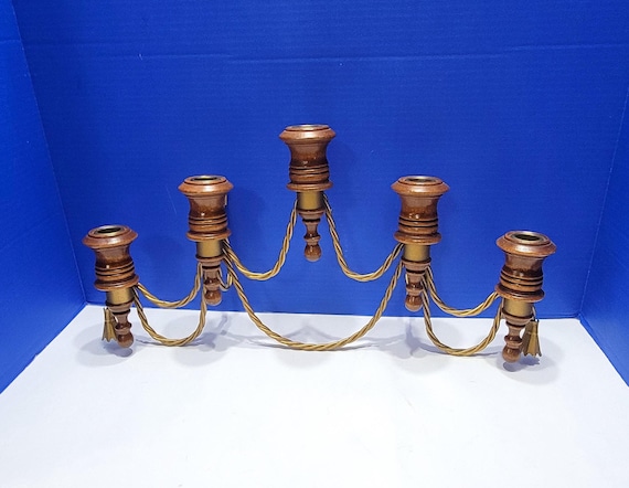 Vintage Homco Twisted Brass and Wood 5 Arm Candelabra Wall Hanging