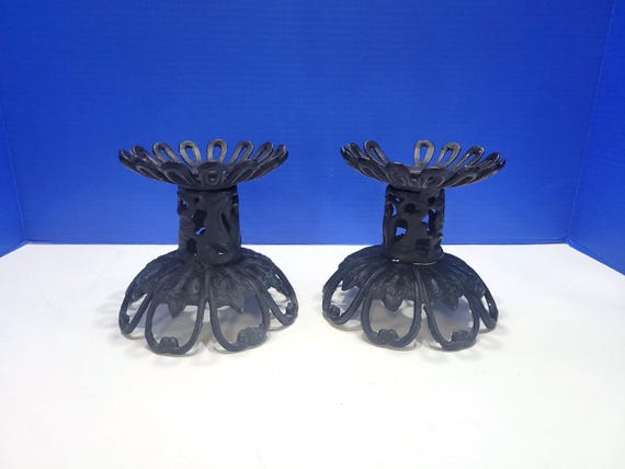 Antique Black Cast Iron Pillar Candlestick Holders Pair
