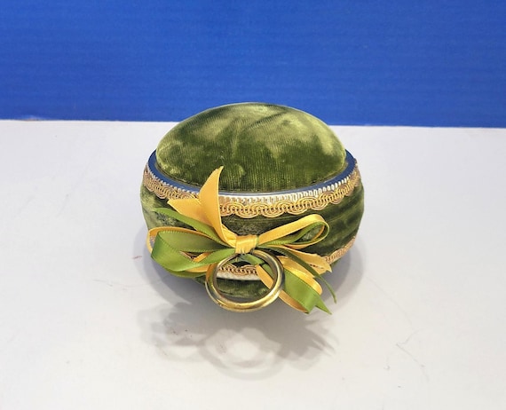 Vintage Green Velvet Double Sided Round Pin Cushion with Gold Bow