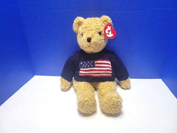Vintage Ty Curly Teddy Bear with Blue Flag Patriotic Sweater