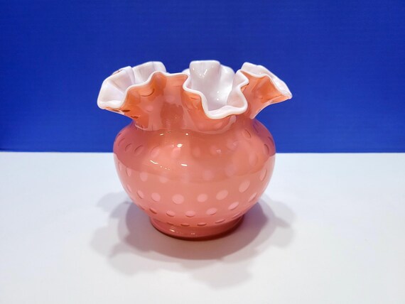 Vintage Fenton Pink Coral Overlay Bubble Optic Cased Glass Rose Bowl Vase