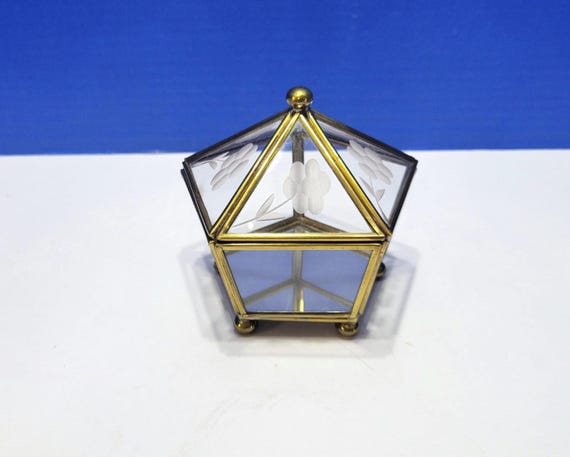 Vintage Hexagon Brass and Etched Glass Small Trinket Jewelry Box