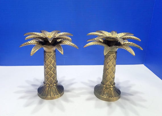 Vintage Heavy Brass Palm Tree Candlesticks Pair