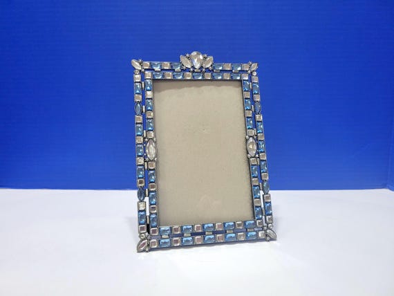 Vintage Blue and Clear Rhinestone Picture Frame 3.5 x 5.5