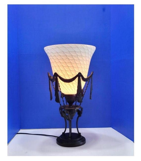 Vintage Large Art Noveau Style Black and White Table Lamp with Curtain Drape